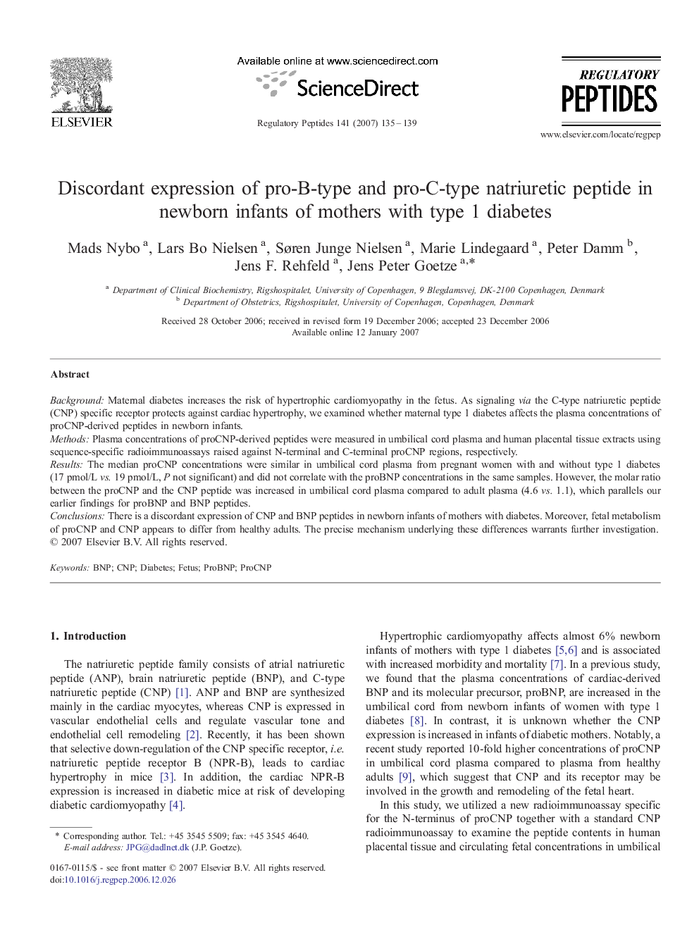 Discordant expression of pro-B-type and pro-C-type natriuretic peptide in newborn infants of mothers with type 1 diabetes