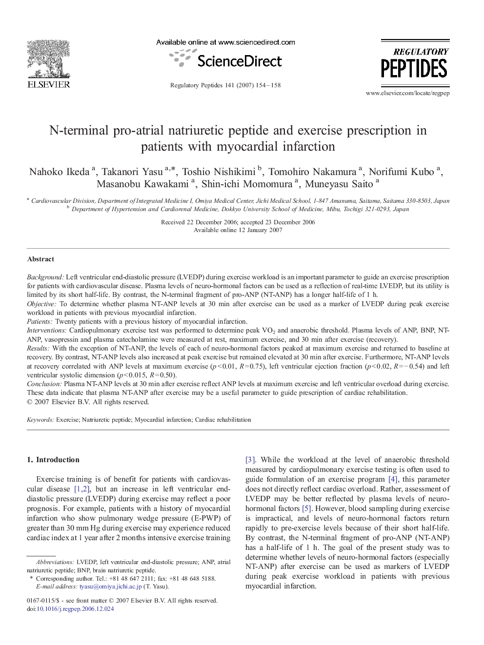 N-terminal pro-atrial natriuretic peptide and exercise prescription in patients with myocardial infarction