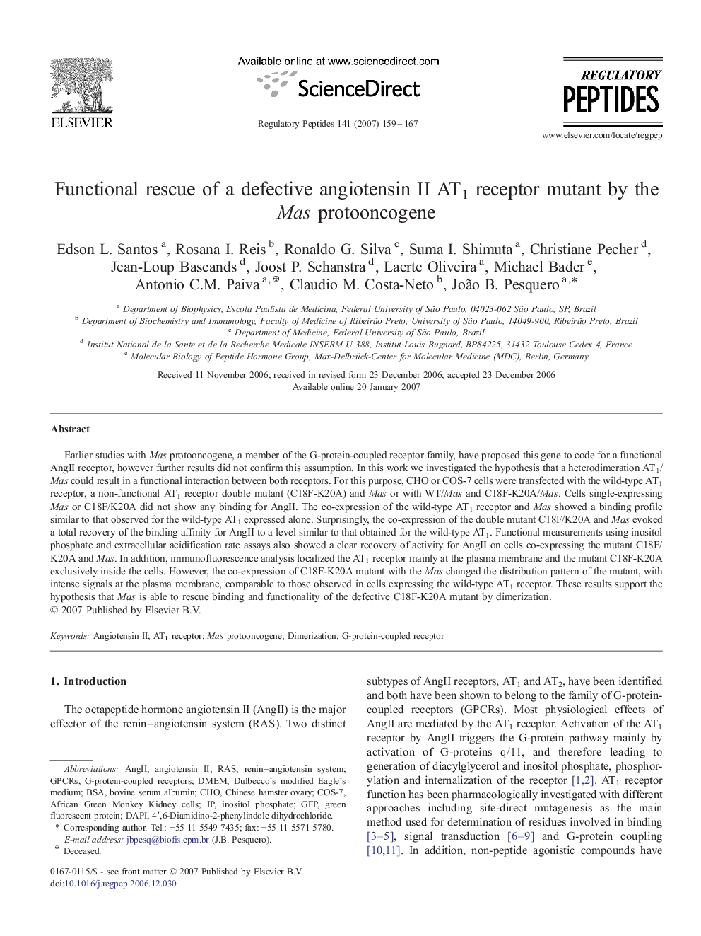 Functional rescue of a defective angiotensin II AT1 receptor mutant by the Mas protooncogene