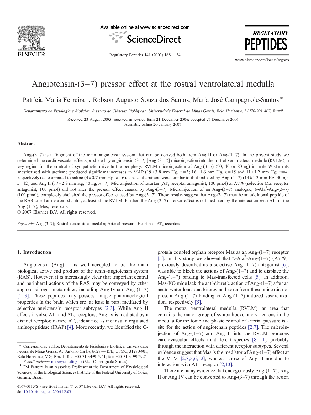 Angiotensin-(3-7) pressor effect at the rostral ventrolateral medulla