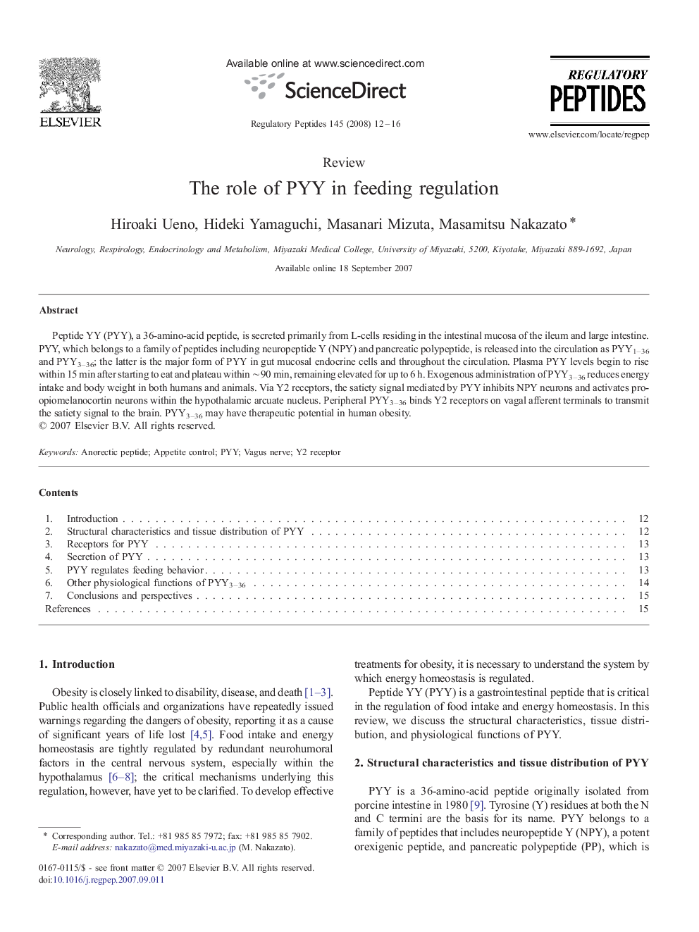 The role of PYY in feeding regulation