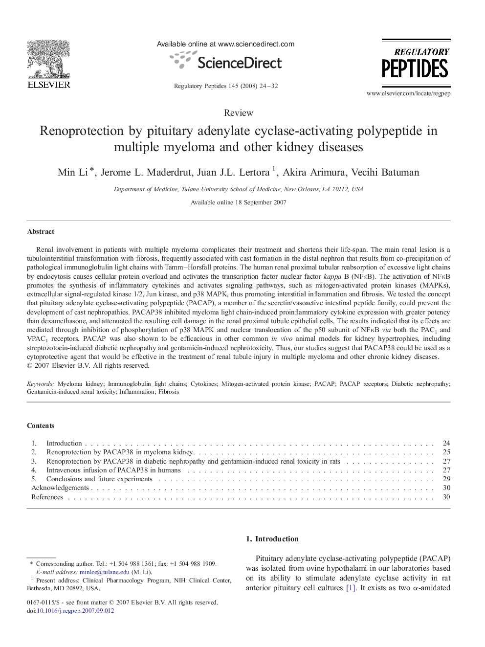 Renoprotection by pituitary adenylate cyclase-activating polypeptide in multiple myeloma and other kidney diseases