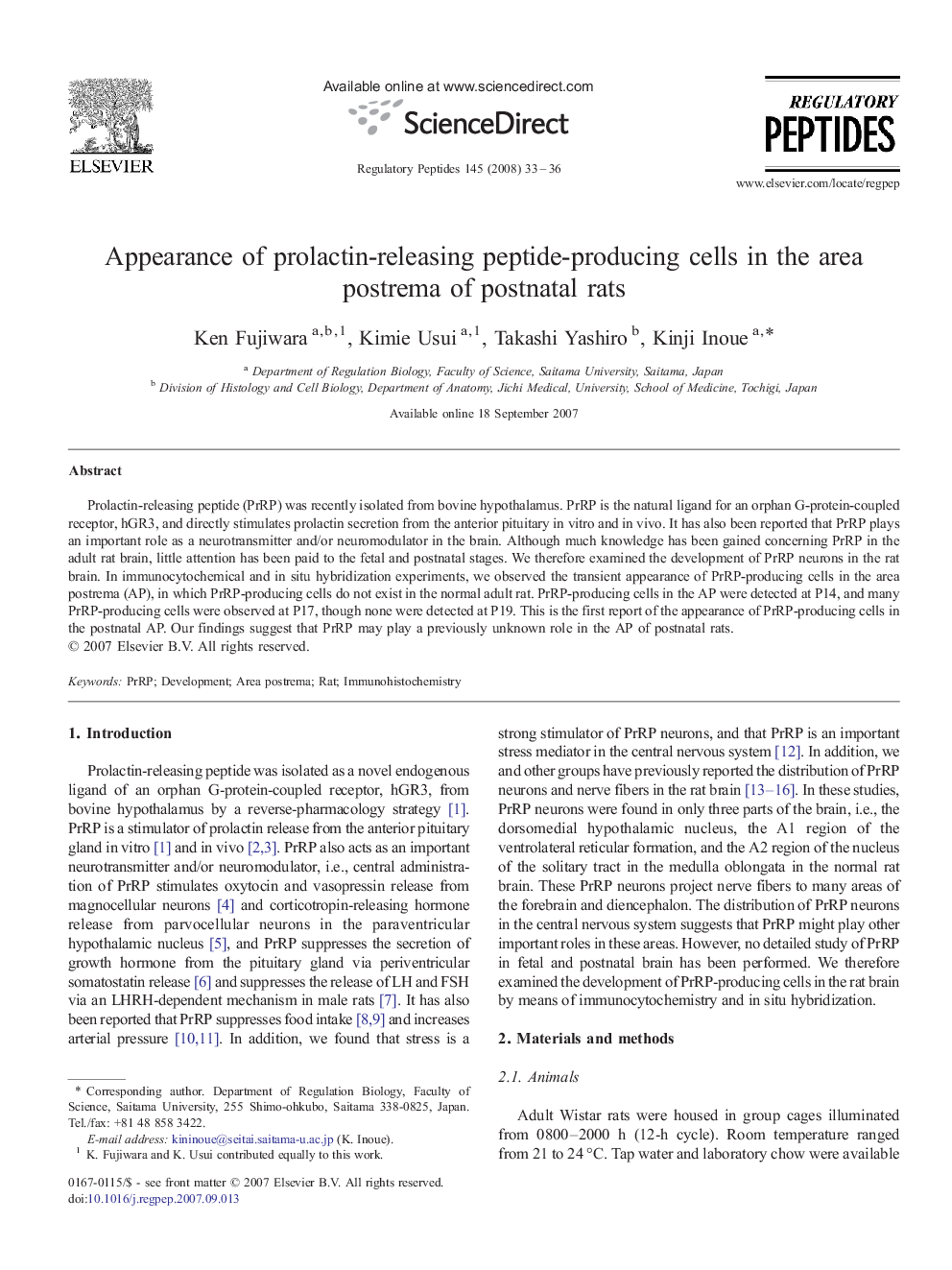 Appearance of prolactin-releasing peptide-producing cells in the area postrema of postnatal rats