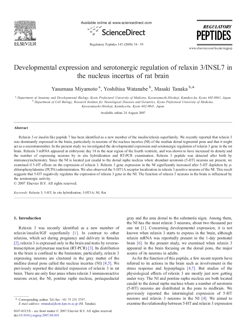 Developmental expression and serotonergic regulation of relaxin 3/INSL7 in the nucleus incertus of rat brain