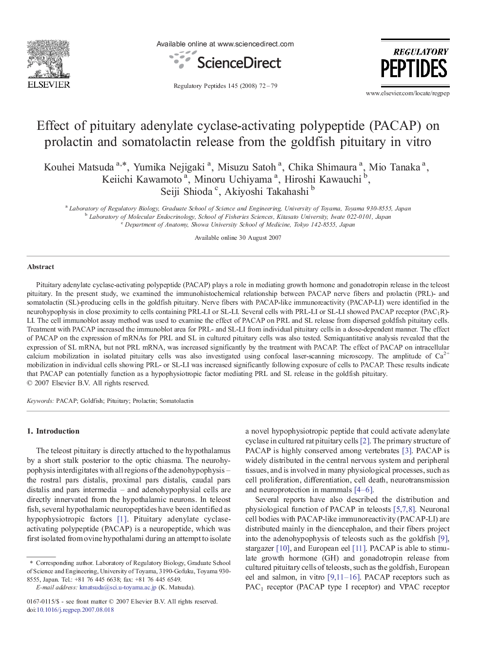 Effect of pituitary adenylate cyclase-activating polypeptide (PACAP) on prolactin and somatolactin release from the goldfish pituitary in vitro