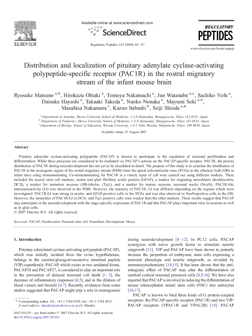 Distribution and localization of pituitary adenylate cyclase-activating polypeptide-specific receptor (PAC1R) in the rostral migratory stream of the infant mouse brain