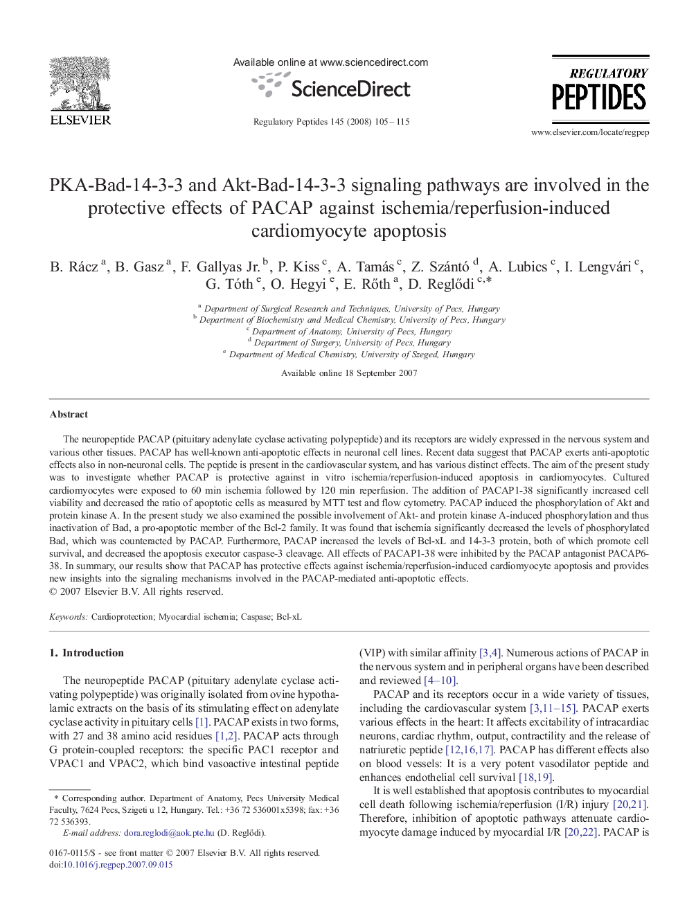 PKA-Bad-14-3-3 and Akt-Bad-14-3-3 signaling pathways are involved in the protective effects of PACAP against ischemia/reperfusion-induced cardiomyocyte apoptosis