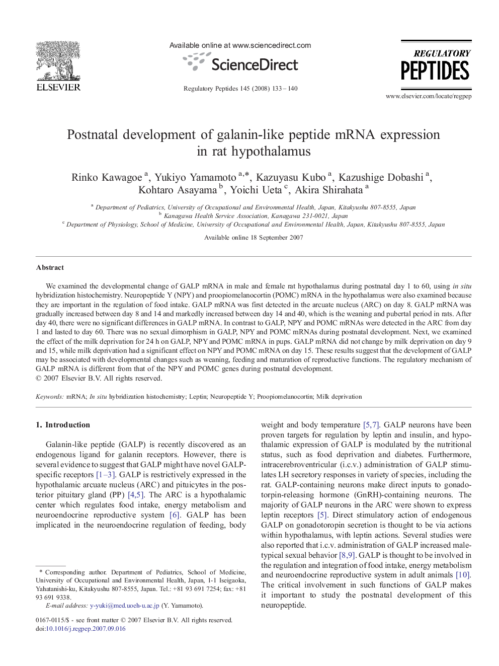 Postnatal development of galanin-like peptide mRNA expression in rat hypothalamus