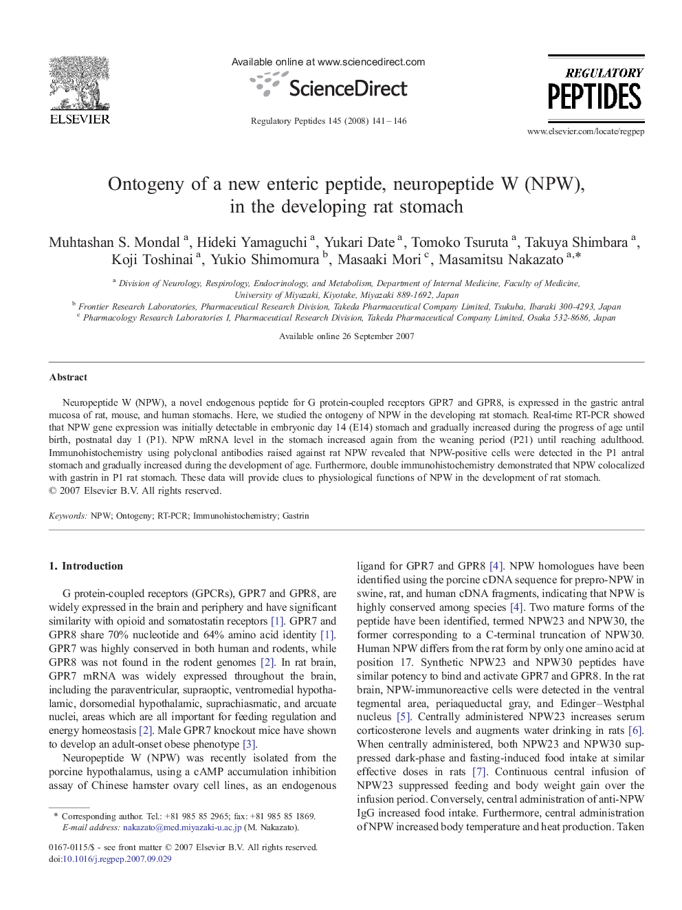 Ontogeny of a new enteric peptide, neuropeptide W (NPW), in the developing rat stomach