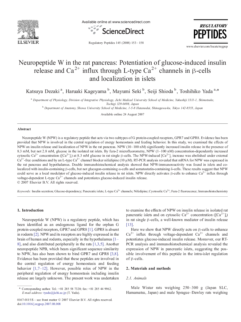 Neuropeptide W in the rat pancreas: Potentiation of glucose-induced insulin release and Ca2+ influx through L-type Ca2+ channels in β-cells and localization in islets