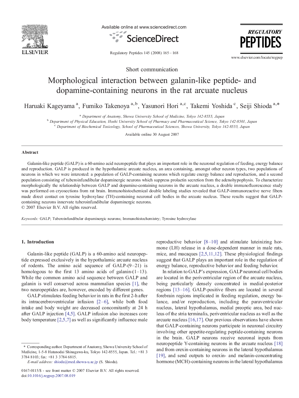 Morphological interaction between galanin-like peptide- and dopamine-containing neurons in the rat arcuate nucleus