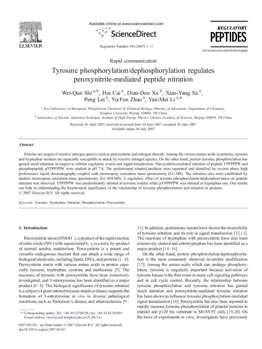 Tyrosine phosphorylation/dephosphorylation regulates peroxynitrite-mediated peptide nitration