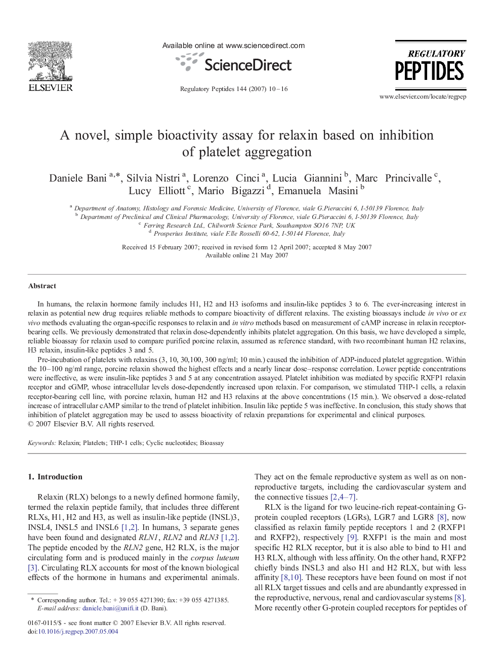 A novel, simple bioactivity assay for relaxin based on inhibition of platelet aggregation