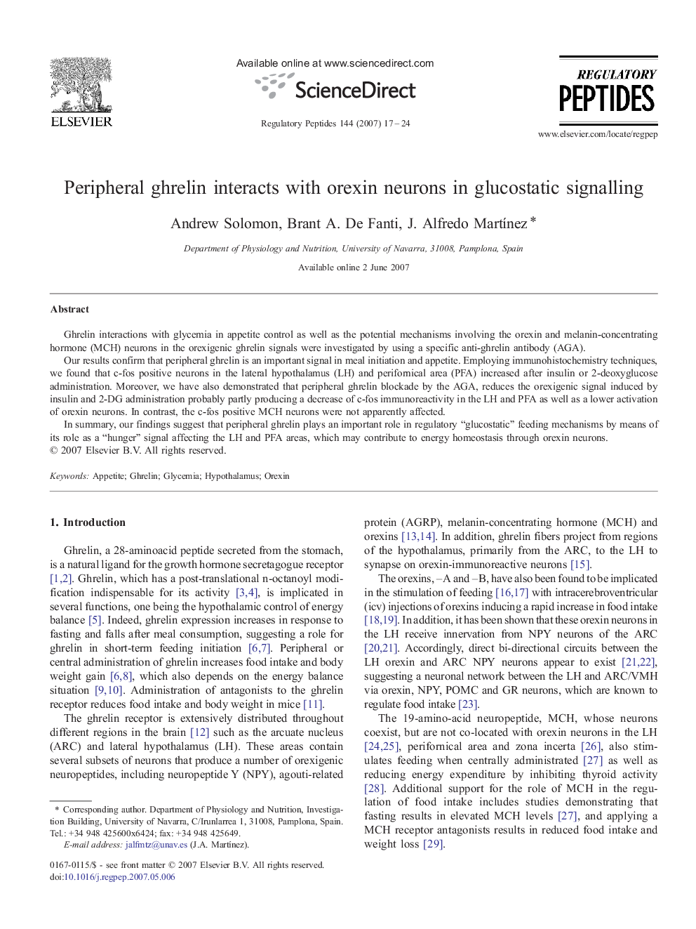 Peripheral ghrelin interacts with orexin neurons in glucostatic signalling