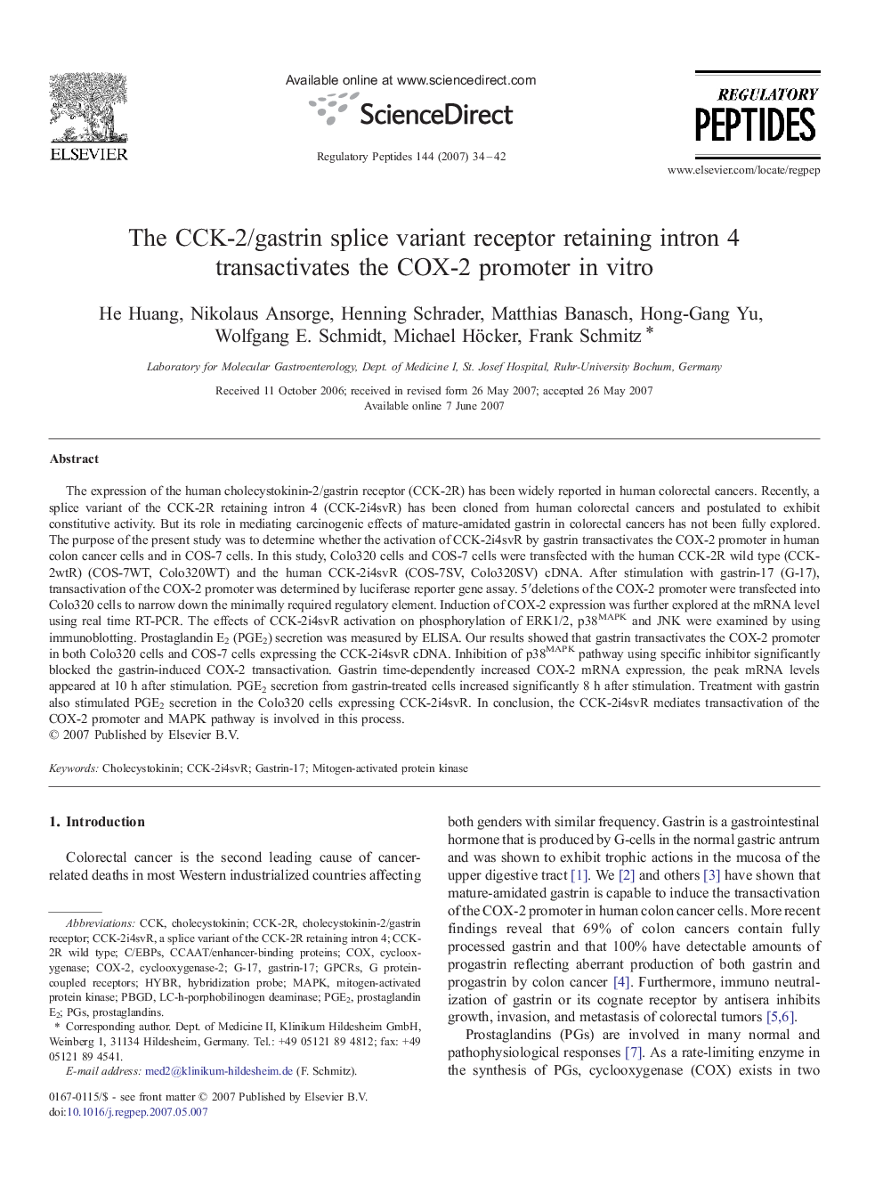 The CCK-2/gastrin splice variant receptor retaining intron 4 transactivates the COX-2 promoter in vitro