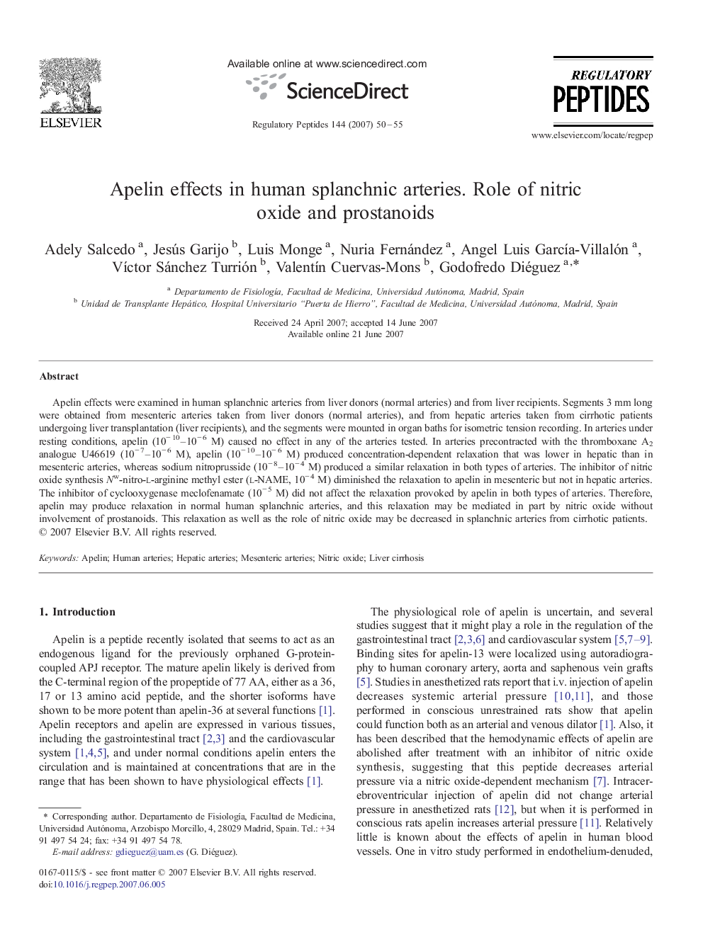 Apelin effects in human splanchnic arteries. Role of nitric oxide and prostanoids