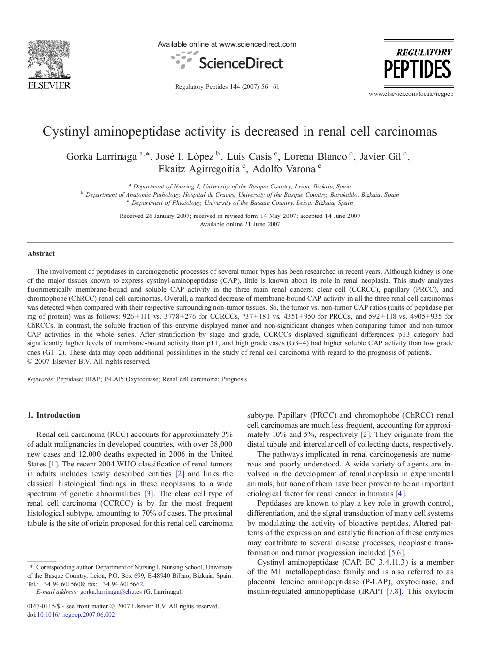 Cystinyl aminopeptidase activity is decreased in renal cell carcinomas