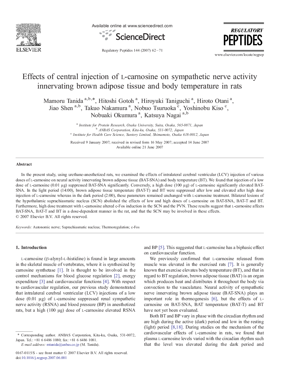 Effects of central injection of l-carnosine on sympathetic nerve activity innervating brown adipose tissue and body temperature in rats