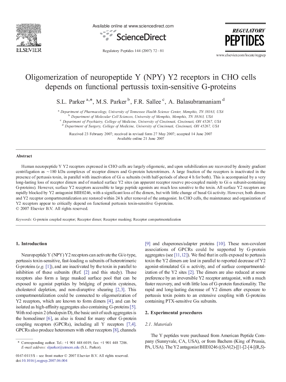 Oligomerization of neuropeptide Y (NPY) Y2 receptors in CHO cells depends on functional pertussis toxin-sensitive G-proteins