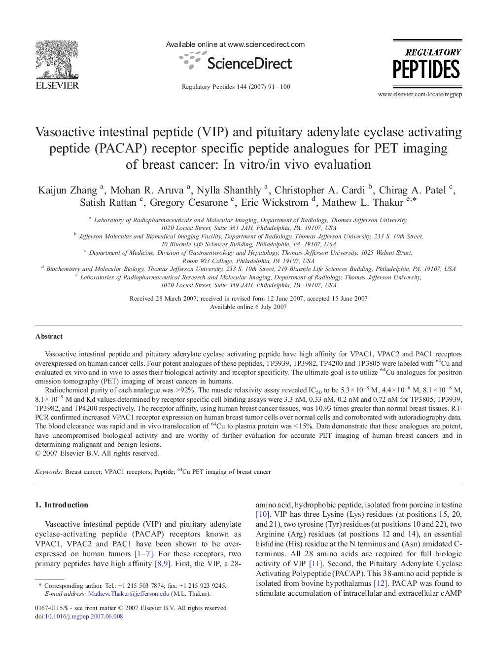 Vasoactive intestinal peptide (VIP) and pituitary adenylate cyclase activating peptide (PACAP) receptor specific peptide analogues for PET imaging of breast cancer: In vitro/in vivo evaluation