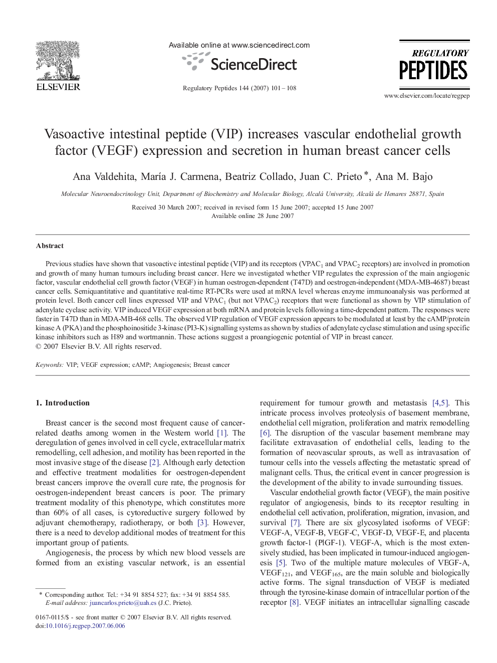 Vasoactive intestinal peptide (VIP) increases vascular endothelial growth factor (VEGF) expression and secretion in human breast cancer cells