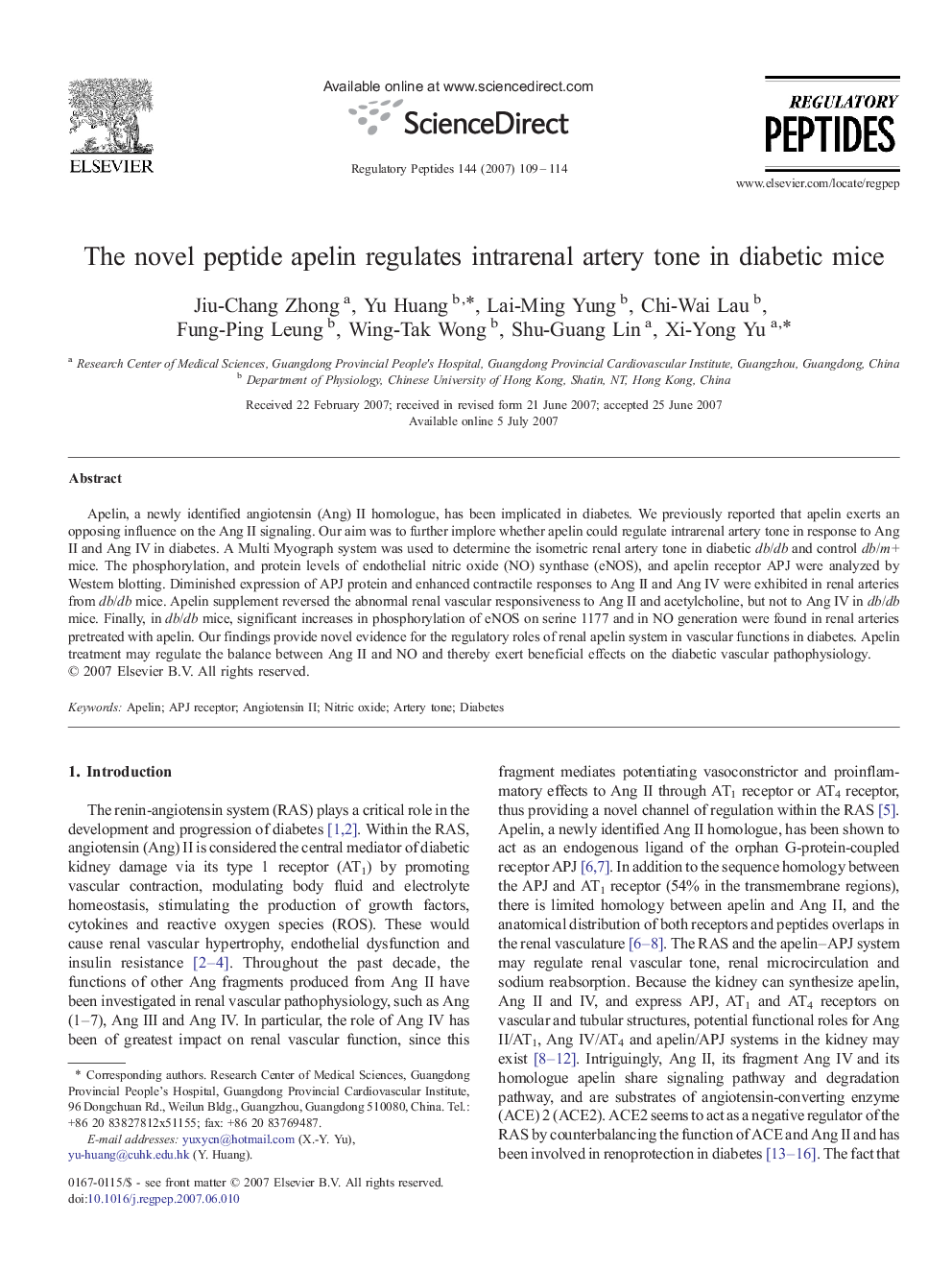 The novel peptide apelin regulates intrarenal artery tone in diabetic mice