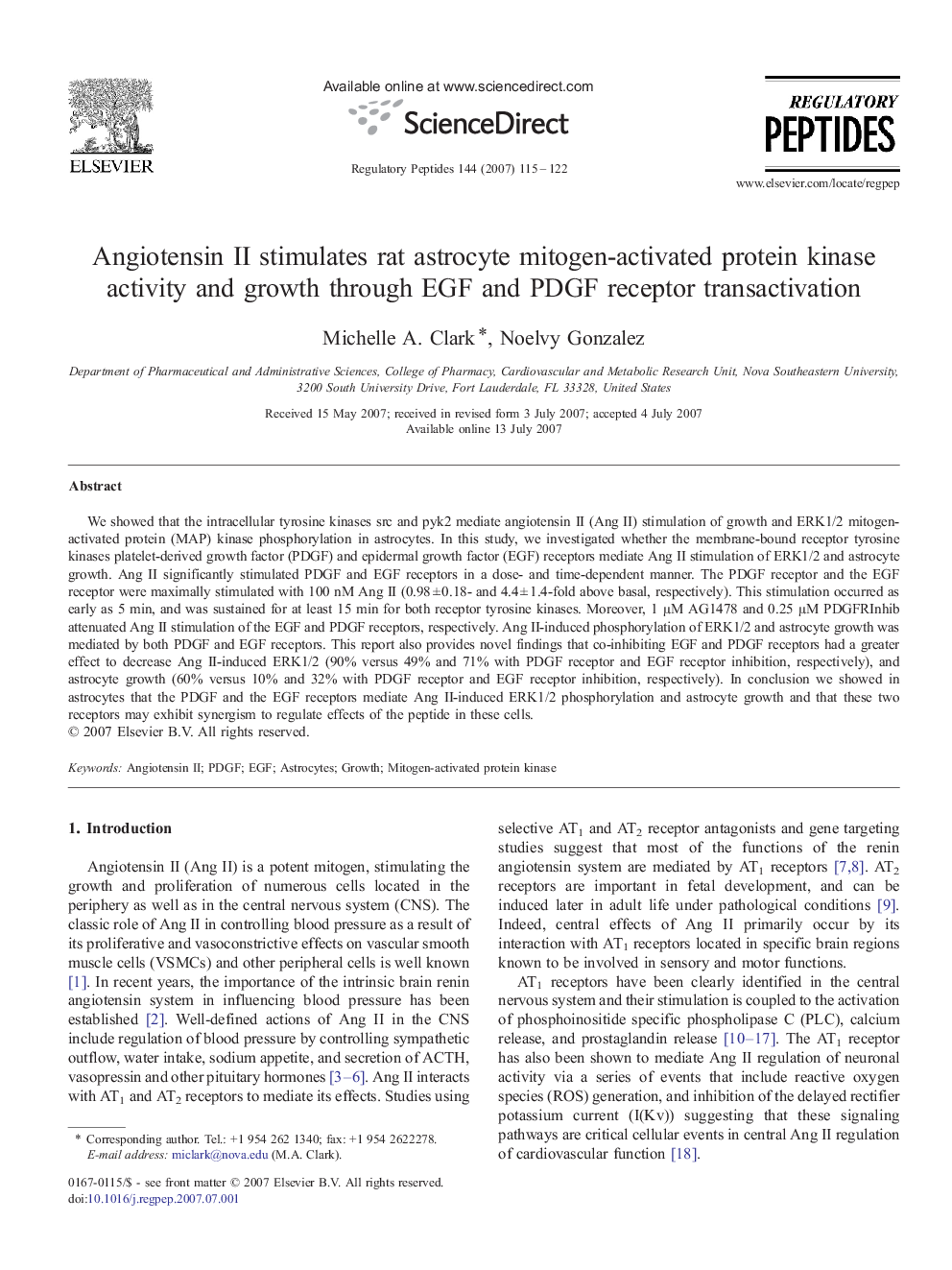 Angiotensin II stimulates rat astrocyte mitogen-activated protein kinase activity and growth through EGF and PDGF receptor transactivation