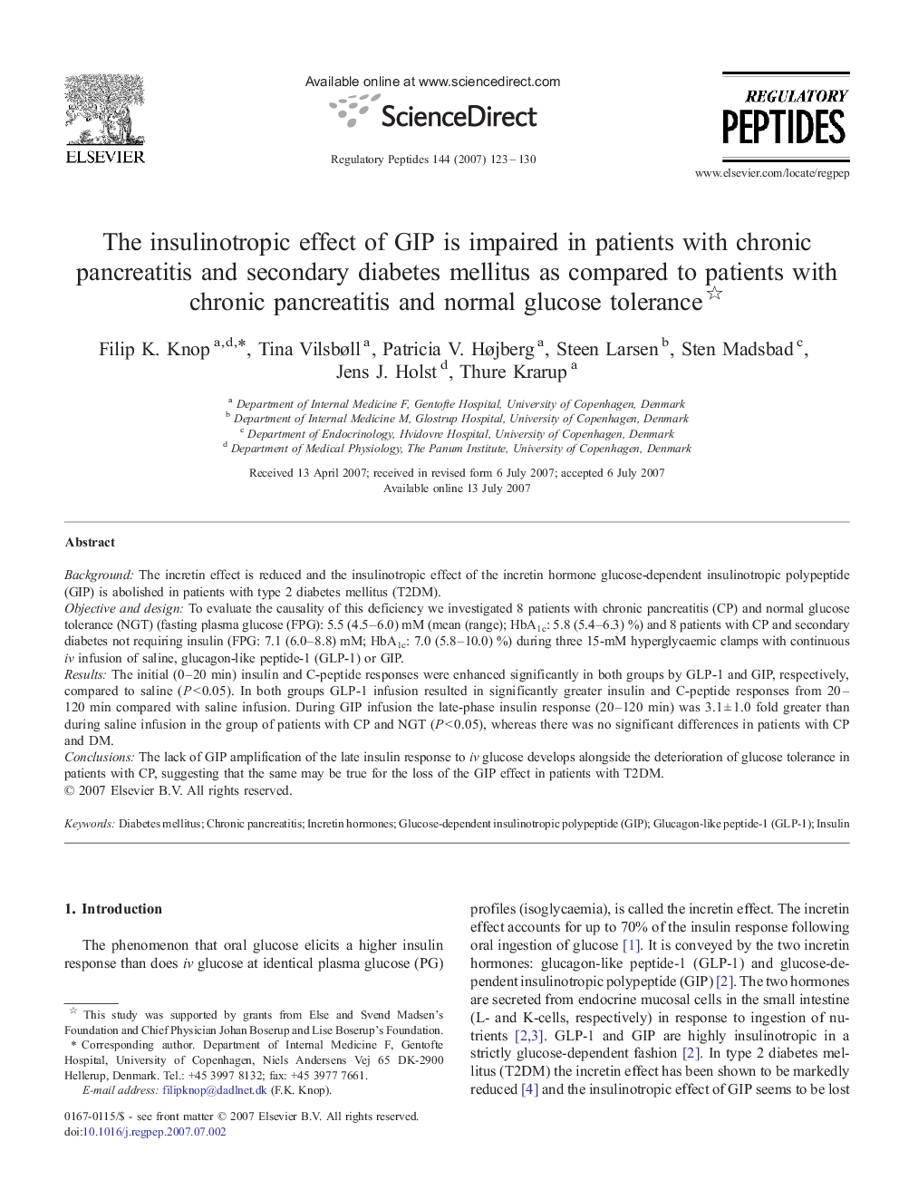 The insulinotropic effect of GIP is impaired in patients with chronic pancreatitis and secondary diabetes mellitus as compared to patients with chronic pancreatitis and normal glucose tolerance 