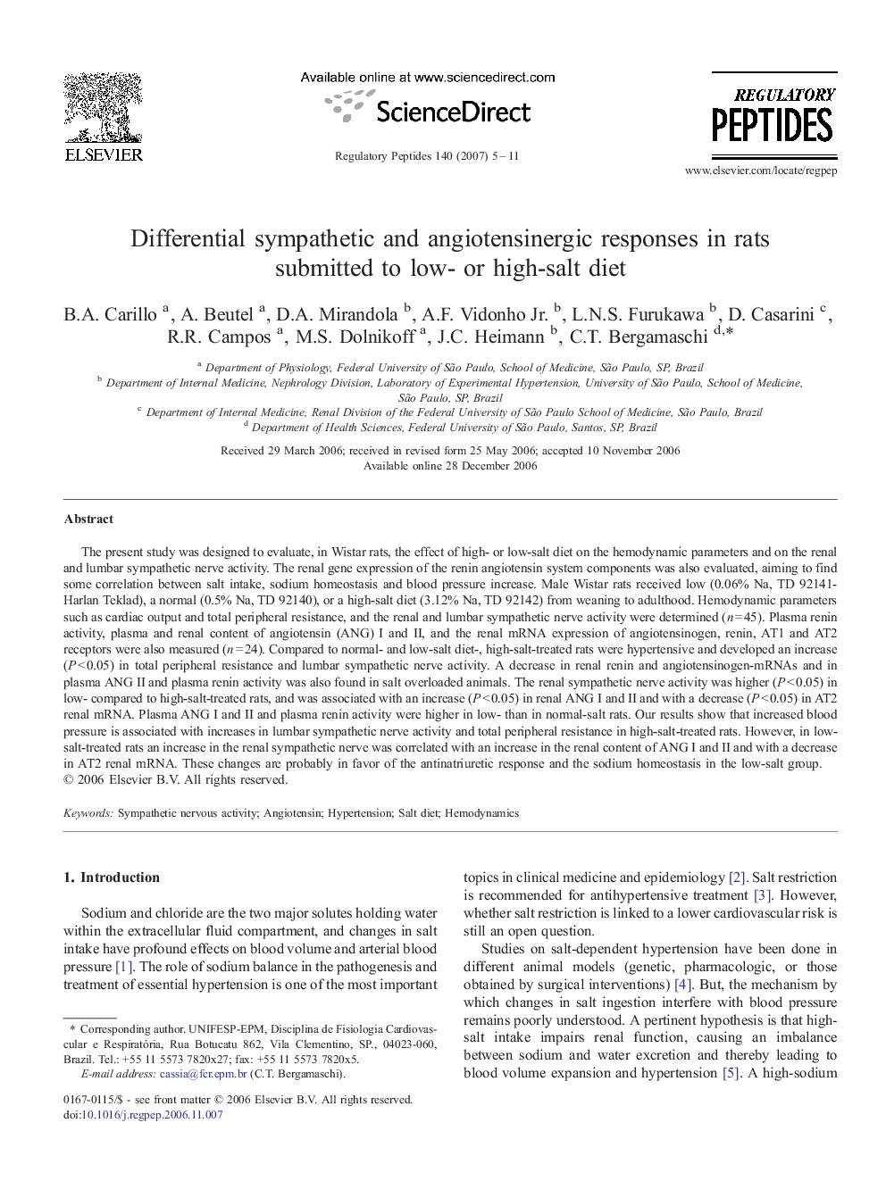 Differential sympathetic and angiotensinergic responses in rats submitted to low- or high-salt diet