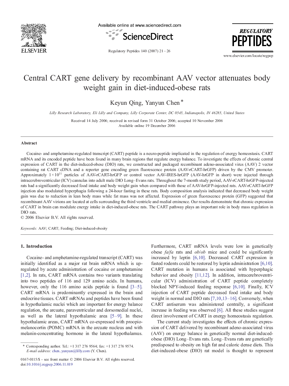 Central CART gene delivery by recombinant AAV vector attenuates body weight gain in diet-induced-obese rats