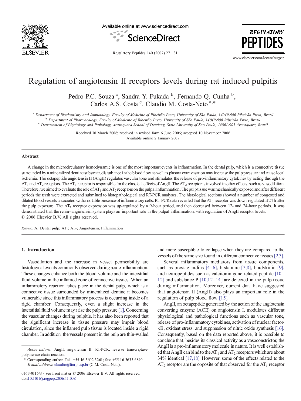 Regulation of angiotensin II receptors levels during rat induced pulpitis