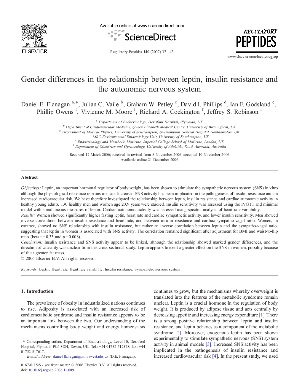 Gender differences in the relationship between leptin, insulin resistance and the autonomic nervous system