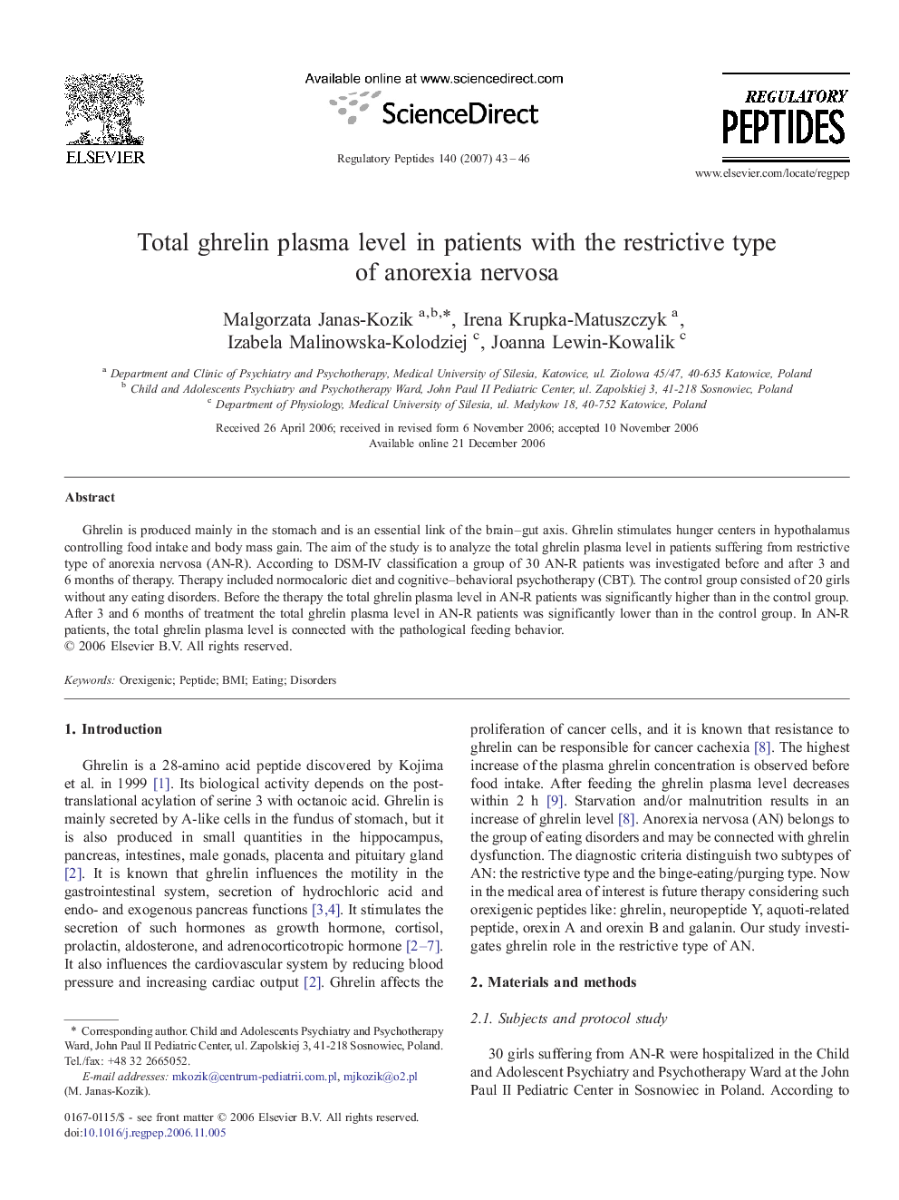 Total ghrelin plasma level in patients with the restrictive type of anorexia nervosa