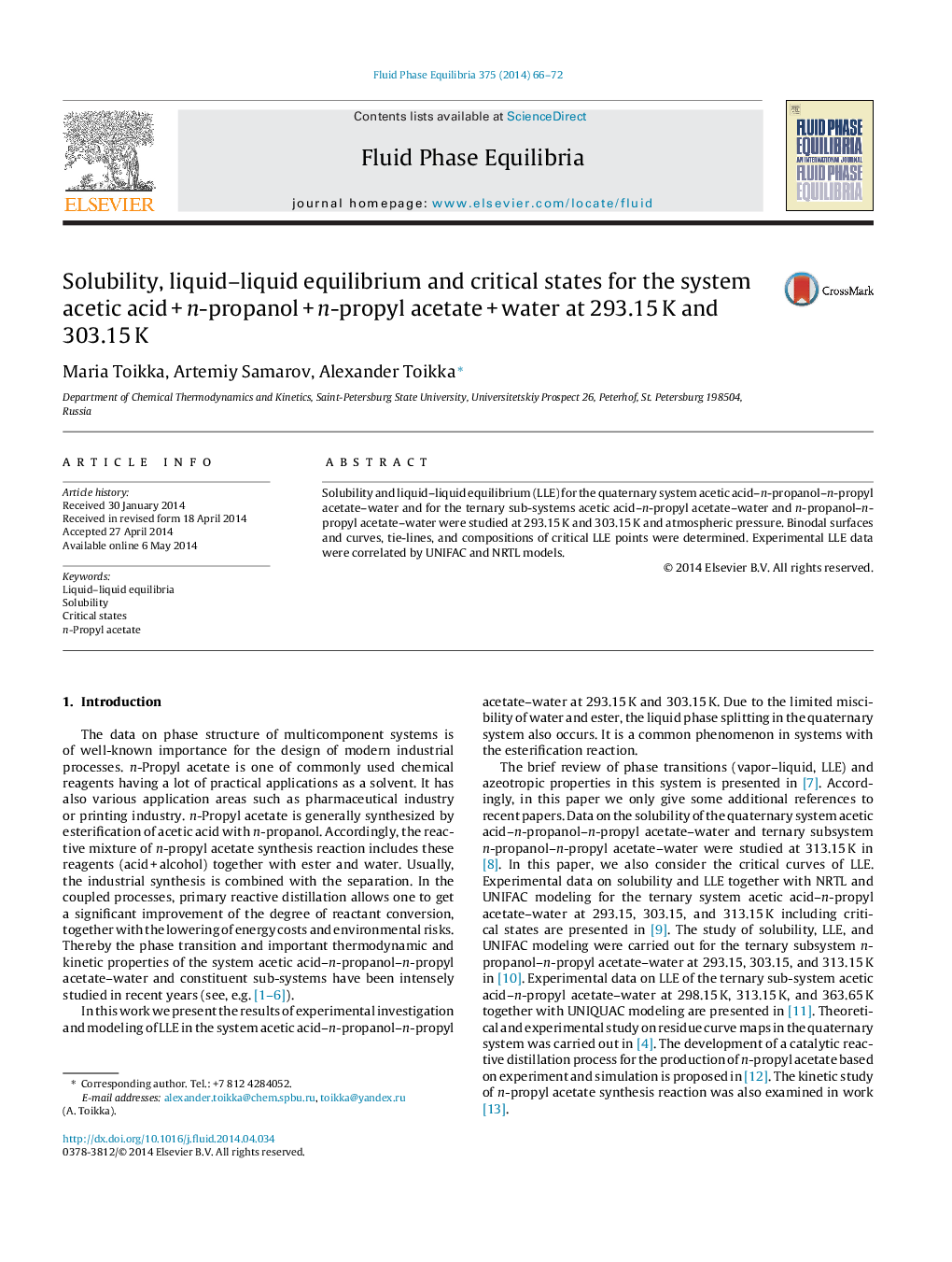 Solubility, liquid–liquid equilibrium and critical states for the system acetic acid + n-propanol + n-propyl acetate + water at 293.15 K and 303.15 K