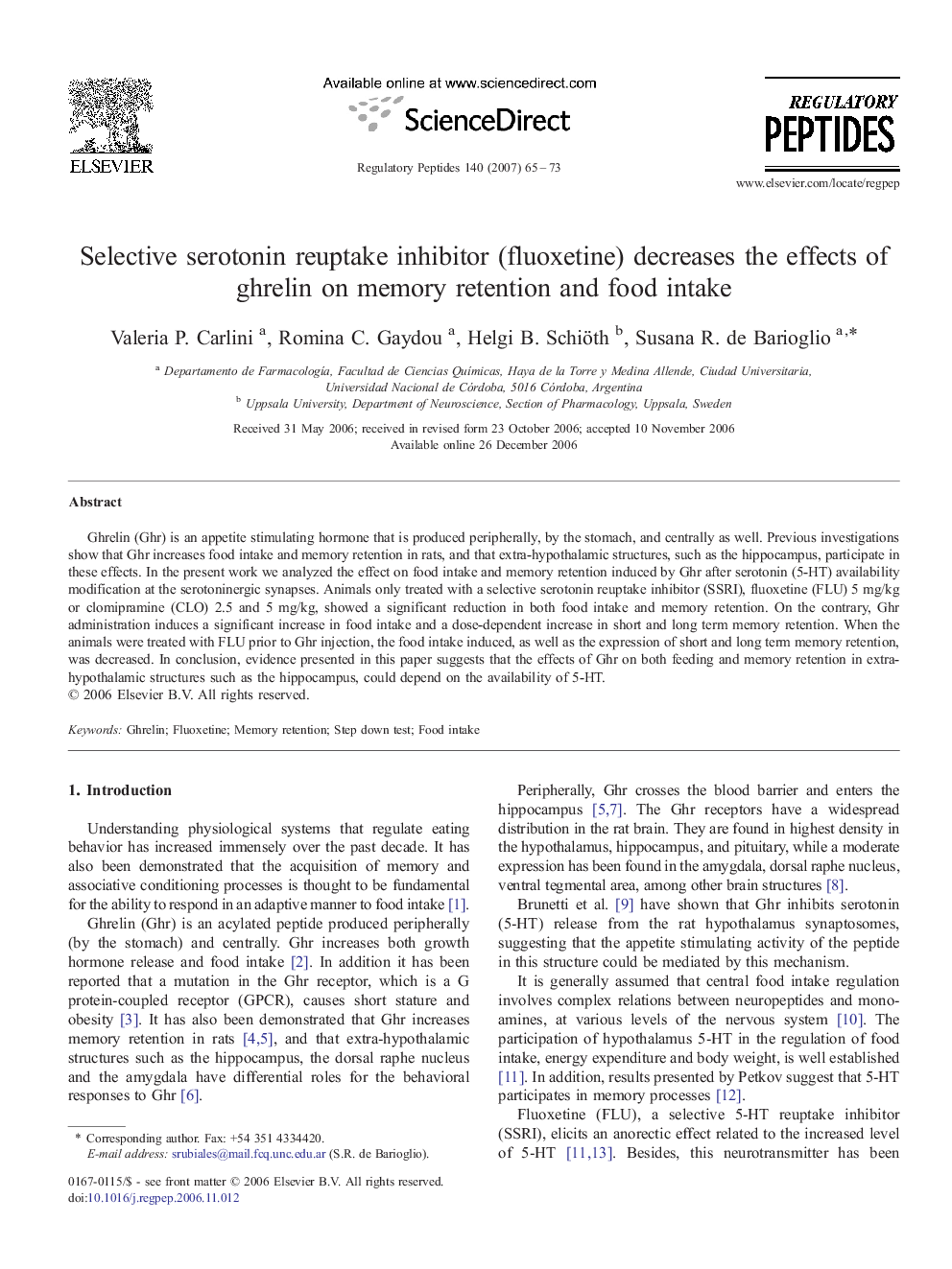 Selective serotonin reuptake inhibitor (fluoxetine) decreases the effects of ghrelin on memory retention and food intake