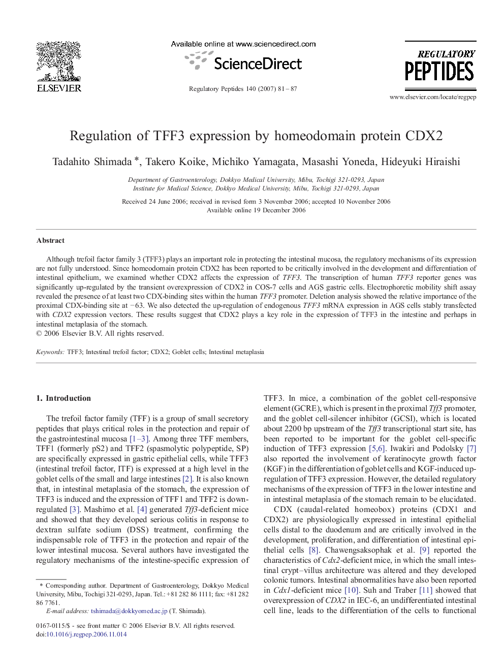 Regulation of TFF3 expression by homeodomain protein CDX2