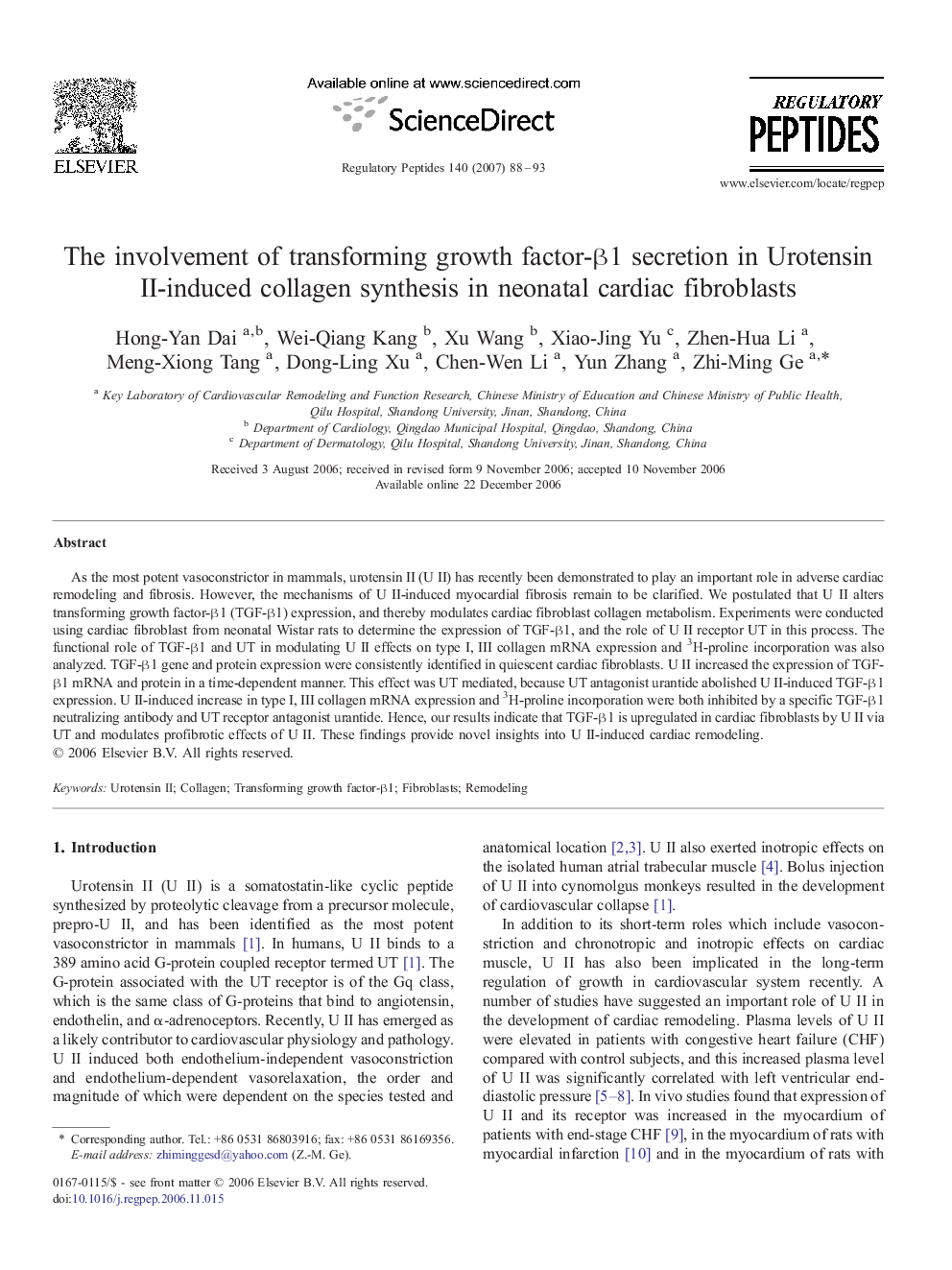 The involvement of transforming growth factor-β1 secretion in Urotensin II-induced collagen synthesis in neonatal cardiac fibroblasts