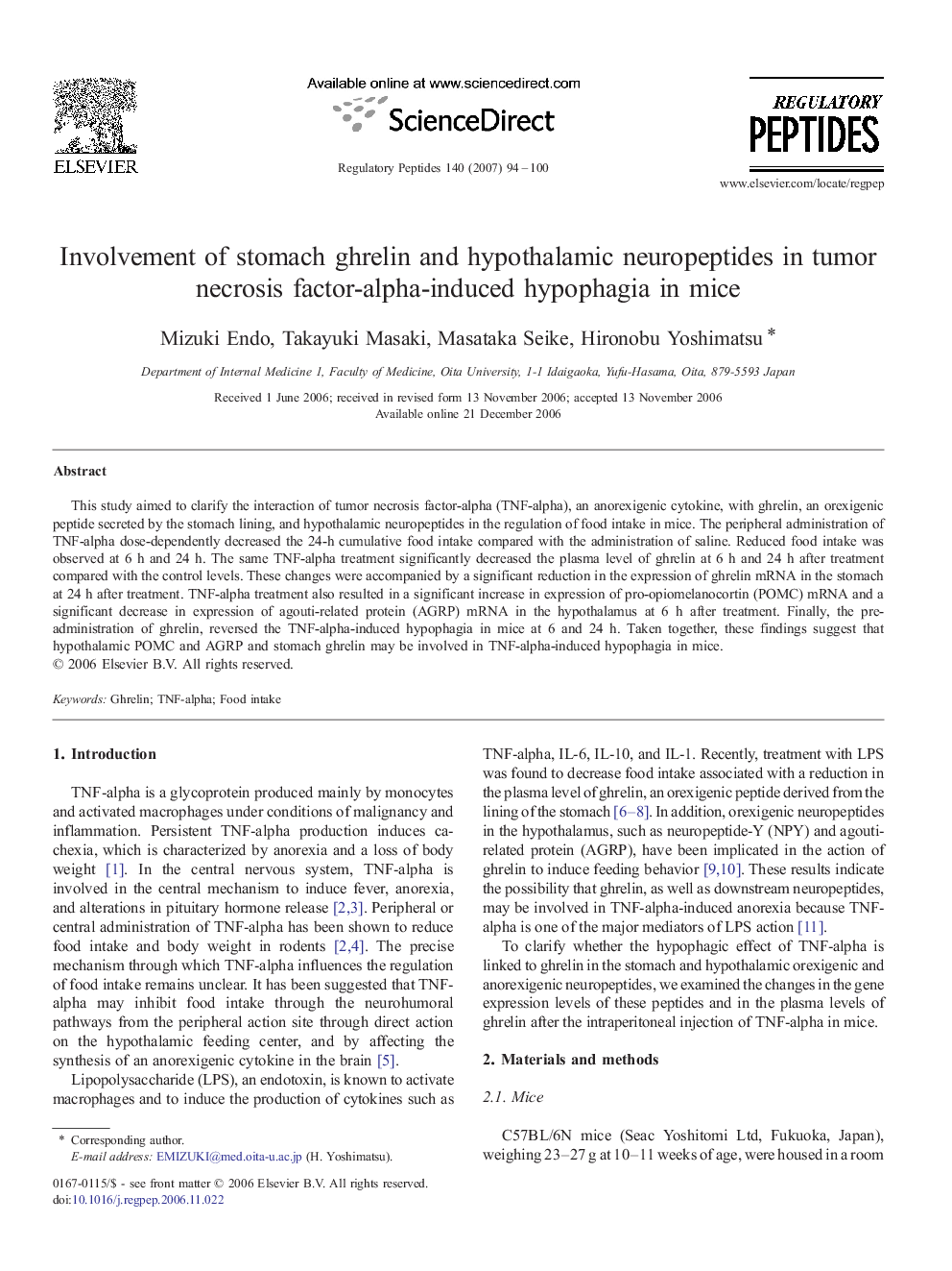 Involvement of stomach ghrelin and hypothalamic neuropeptides in tumor necrosis factor-alpha-induced hypophagia in mice