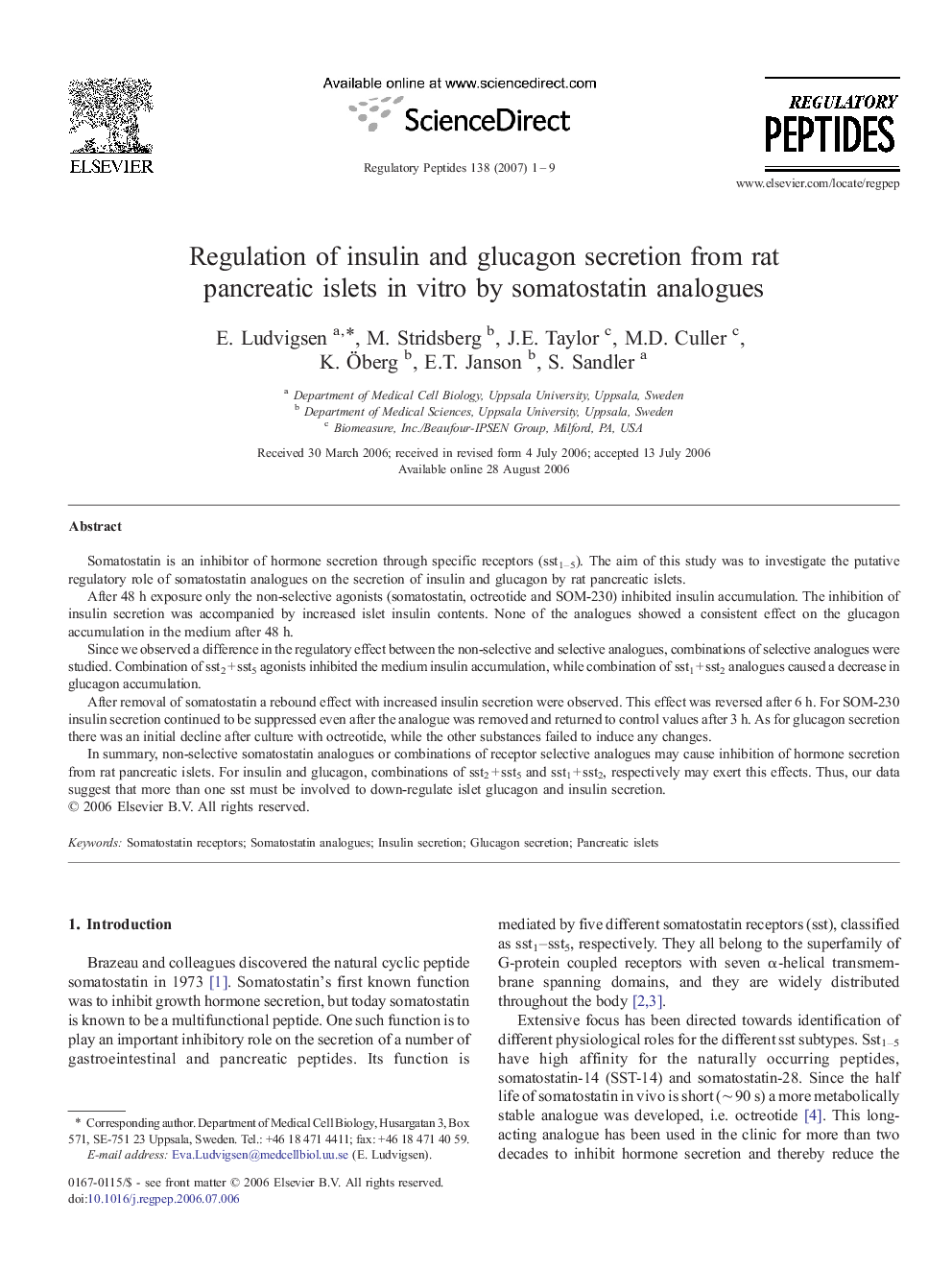 Regulation of insulin and glucagon secretion from rat pancreatic islets in vitro by somatostatin analogues