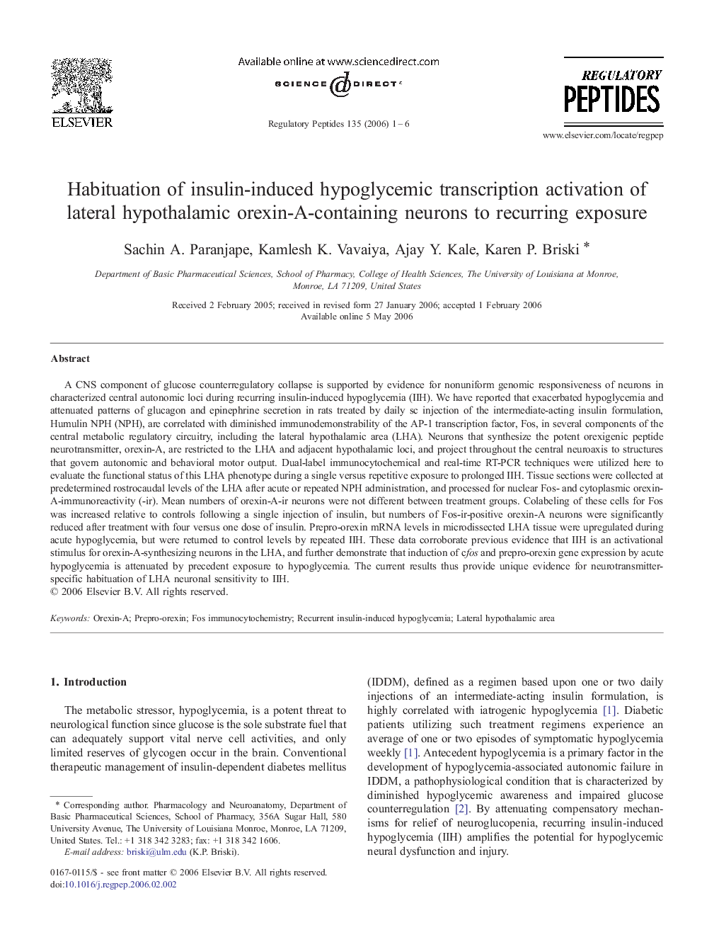 Habituation of insulin-induced hypoglycemic transcription activation of lateral hypothalamic orexin-A-containing neurons to recurring exposure