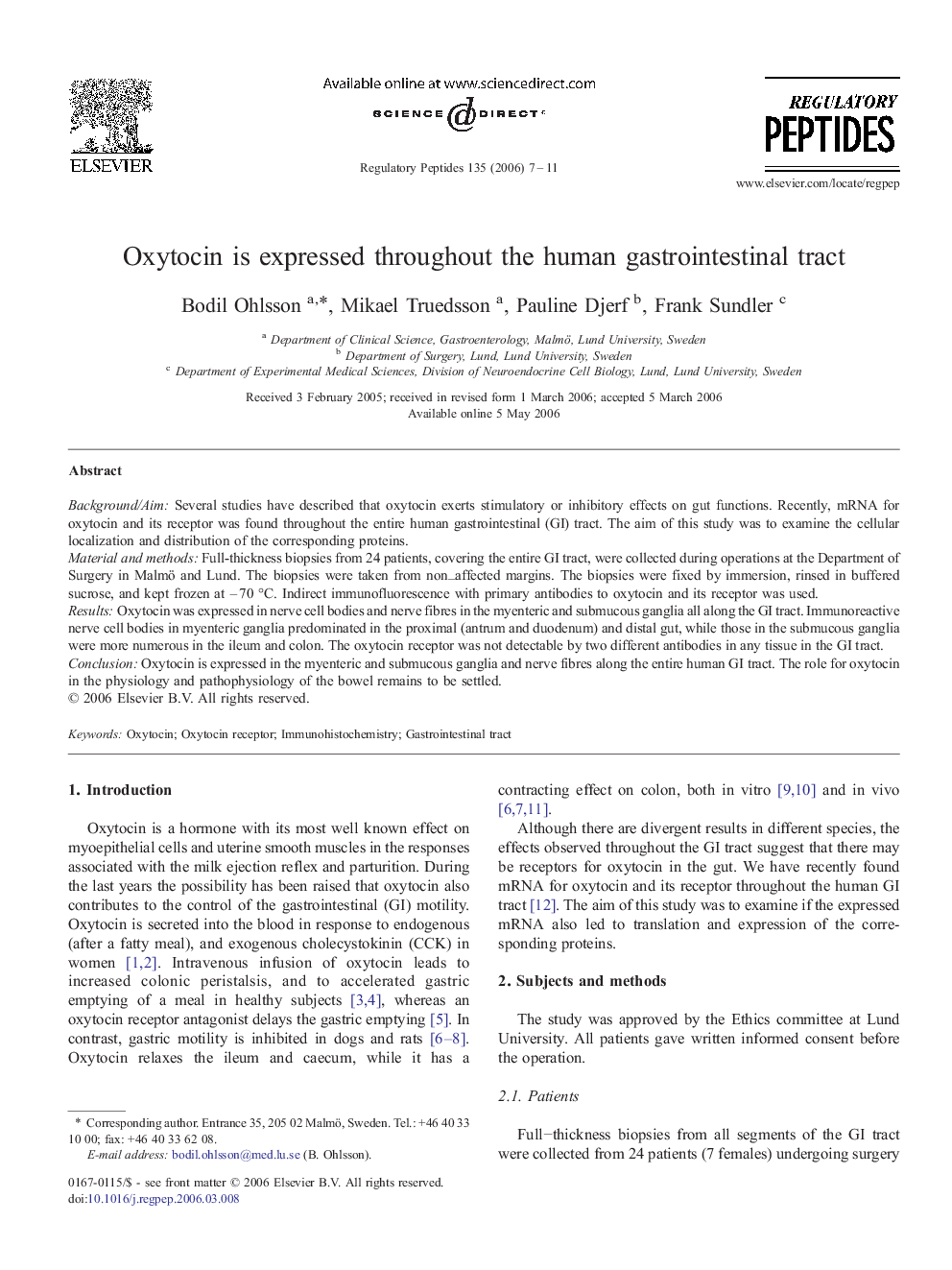 Oxytocin is expressed throughout the human gastrointestinal tract