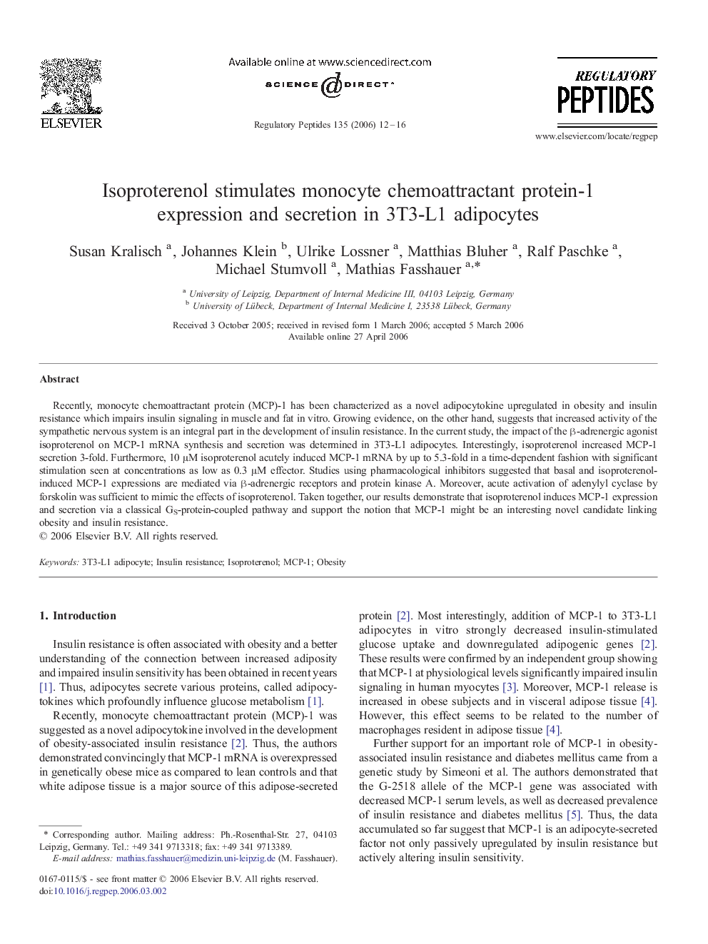 Isoproterenol stimulates monocyte chemoattractant protein-1 expression and secretion in 3T3-L1 adipocytes