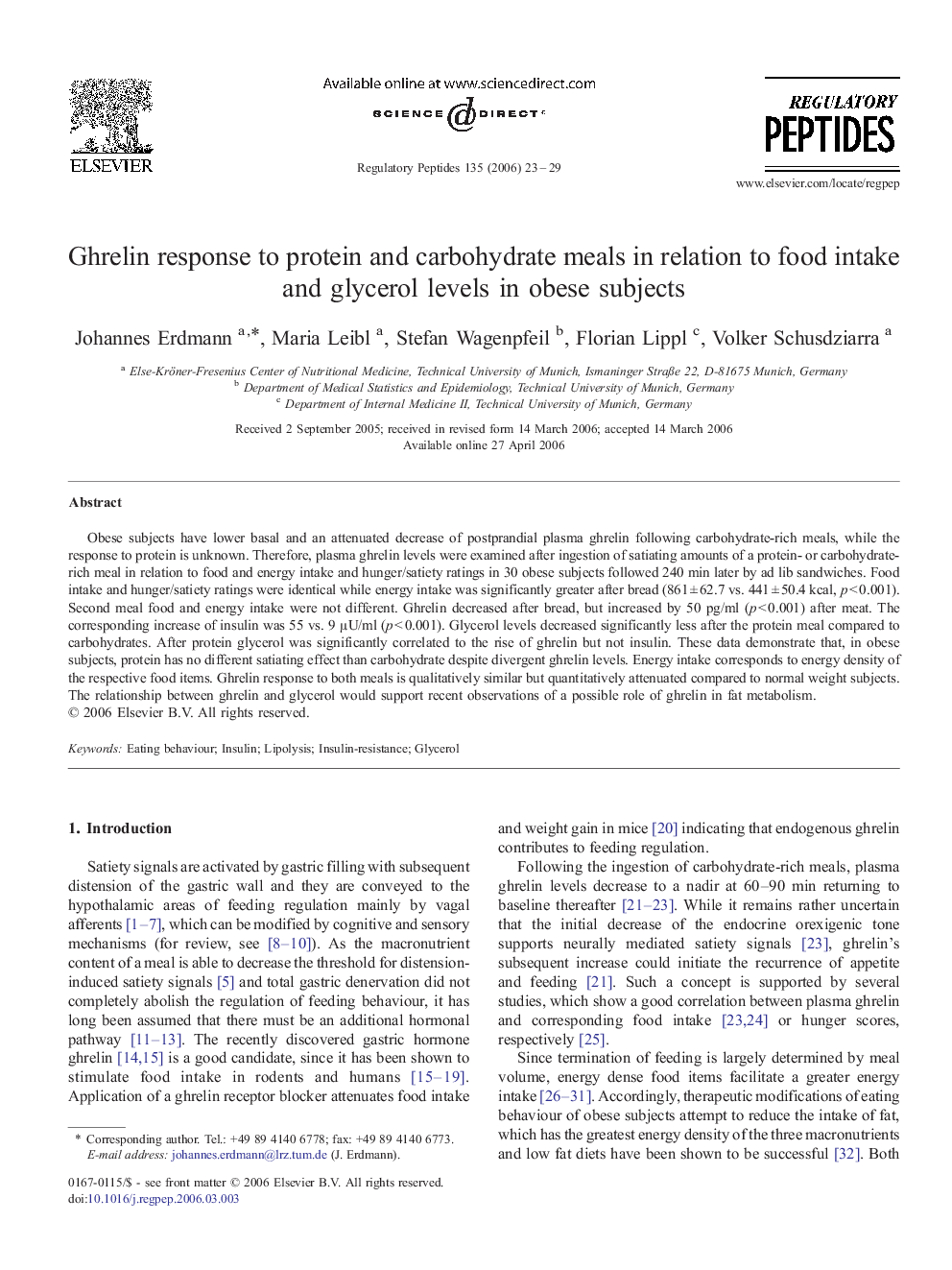 Ghrelin response to protein and carbohydrate meals in relation to food intake and glycerol levels in obese subjects