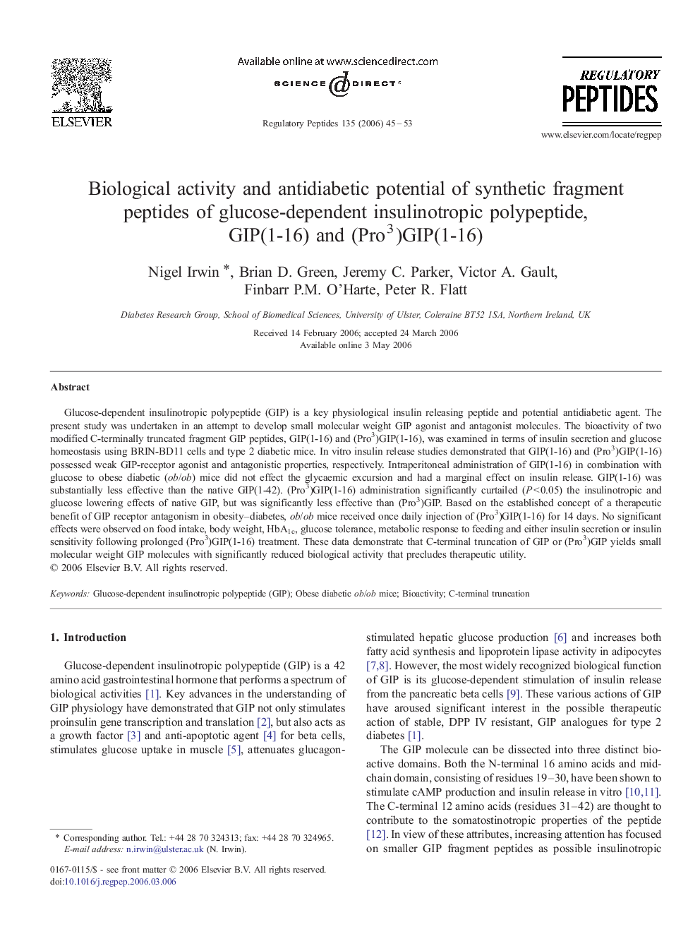 Biological activity and antidiabetic potential of synthetic fragment peptides of glucose-dependent insulinotropic polypeptide, GIP(1-16) and (Pro3)GIP(1-16)