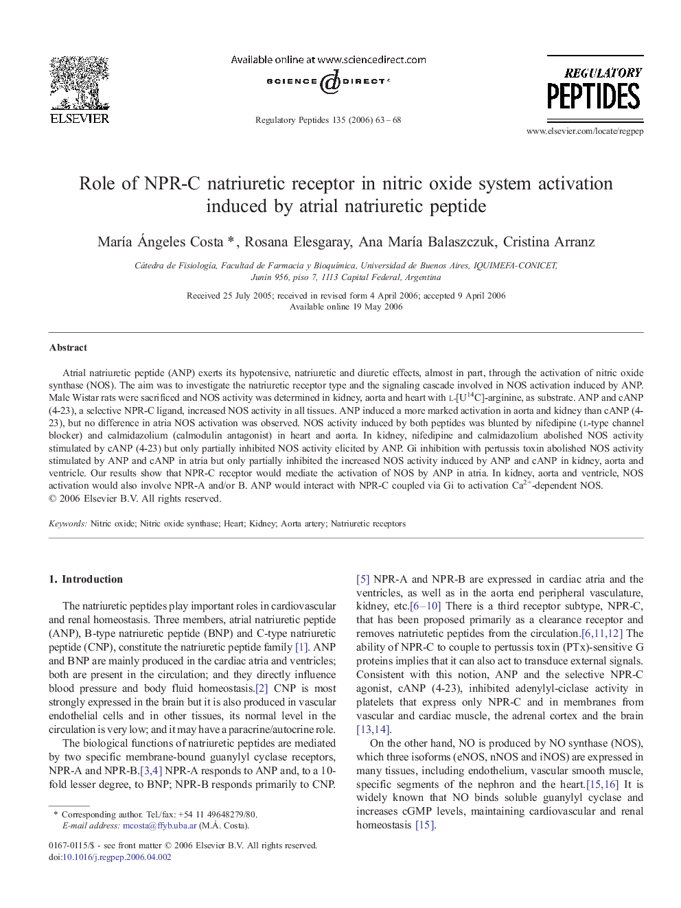 Role of NPR-C natriuretic receptor in nitric oxide system activation induced by atrial natriuretic peptide