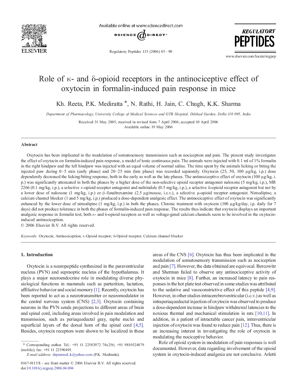 Role of κ- and δ-opioid receptors in the antinociceptive effect of oxytocin in formalin-induced pain response in mice