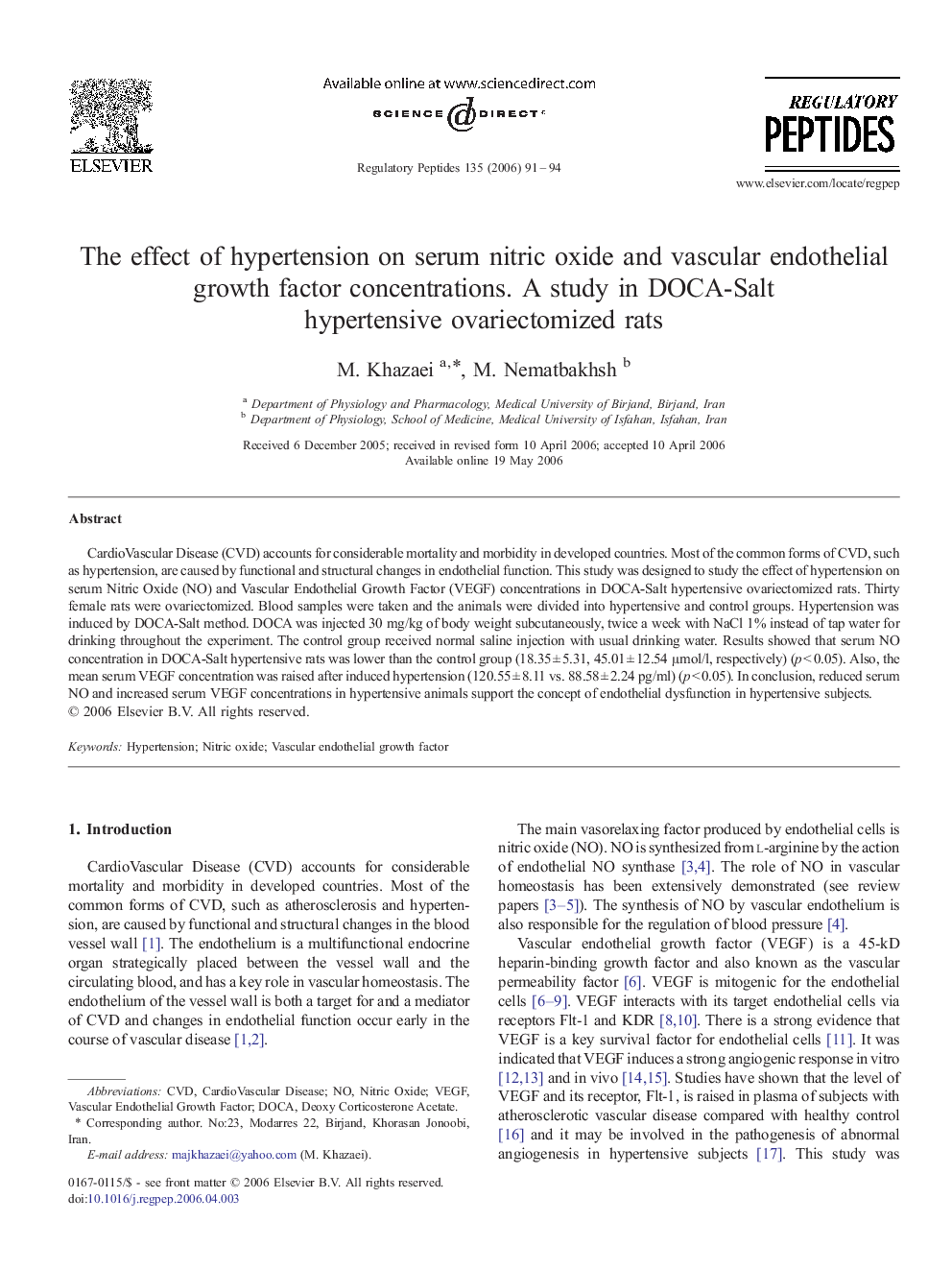 The effect of hypertension on serum nitric oxide and vascular endothelial growth factor concentrations. A study in DOCA-Salt hypertensive ovariectomized rats