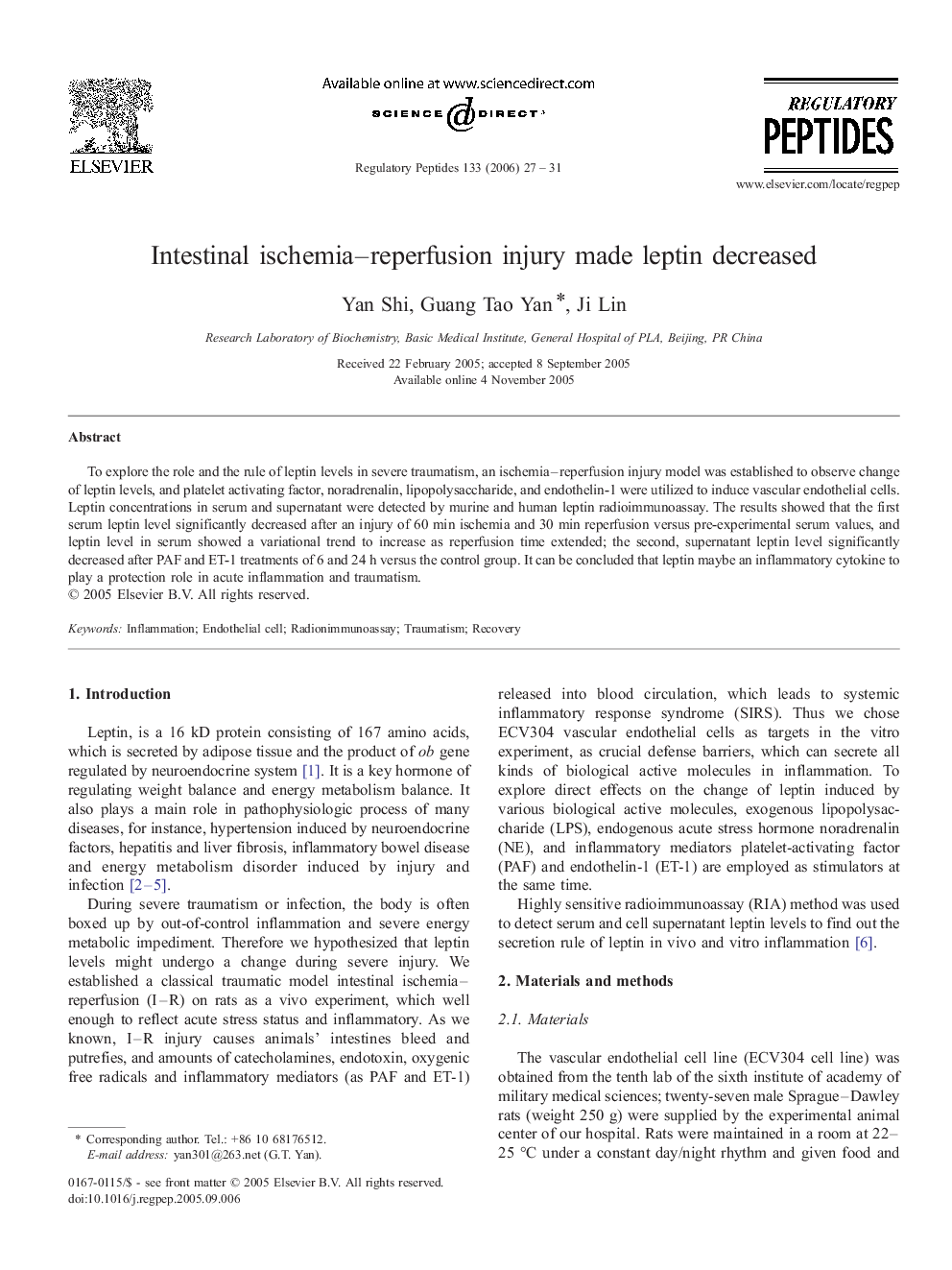 Intestinal ischemia–reperfusion injury made leptin decreased