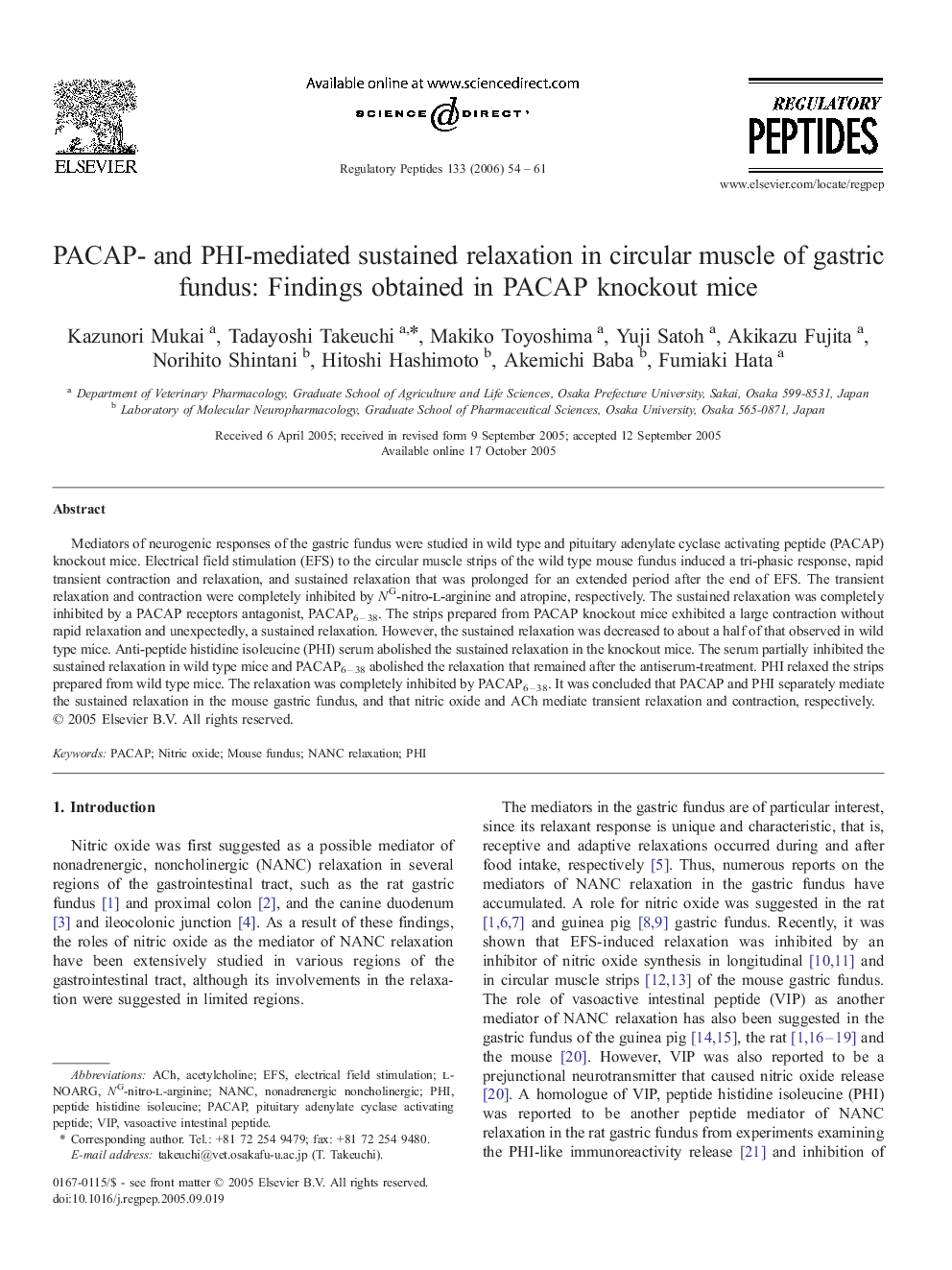 PACAP- and PHI-mediated sustained relaxation in circular muscle of gastric fundus: Findings obtained in PACAP knockout mice