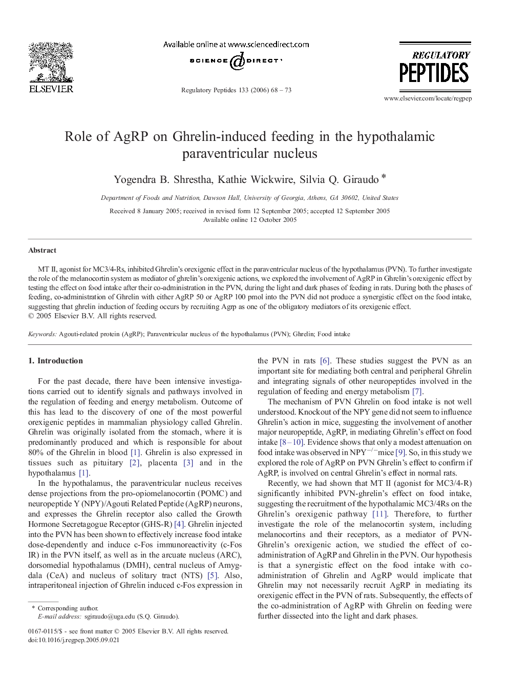 Role of AgRP on Ghrelin-induced feeding in the hypothalamic paraventricular nucleus